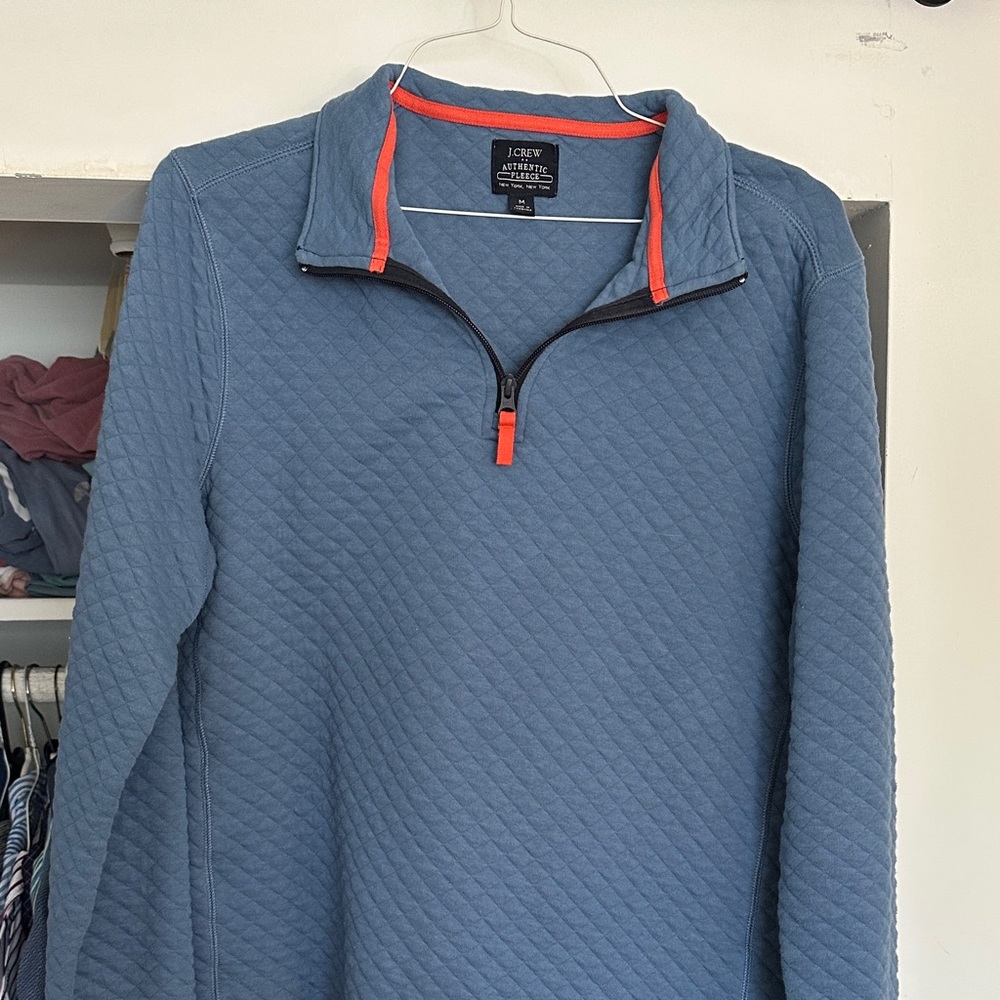 J.Crew Quilted Heather Blue Half-Zip Pullover with Orange Trim medium